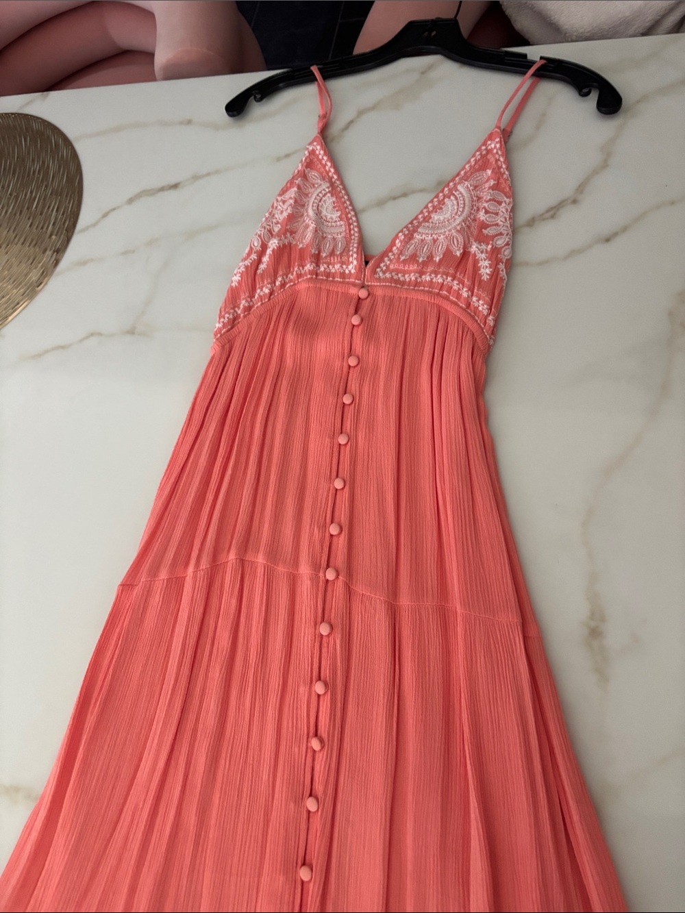 Lulu’s Coral Pink Button-Front Maxi Dress with Embroidered detail
